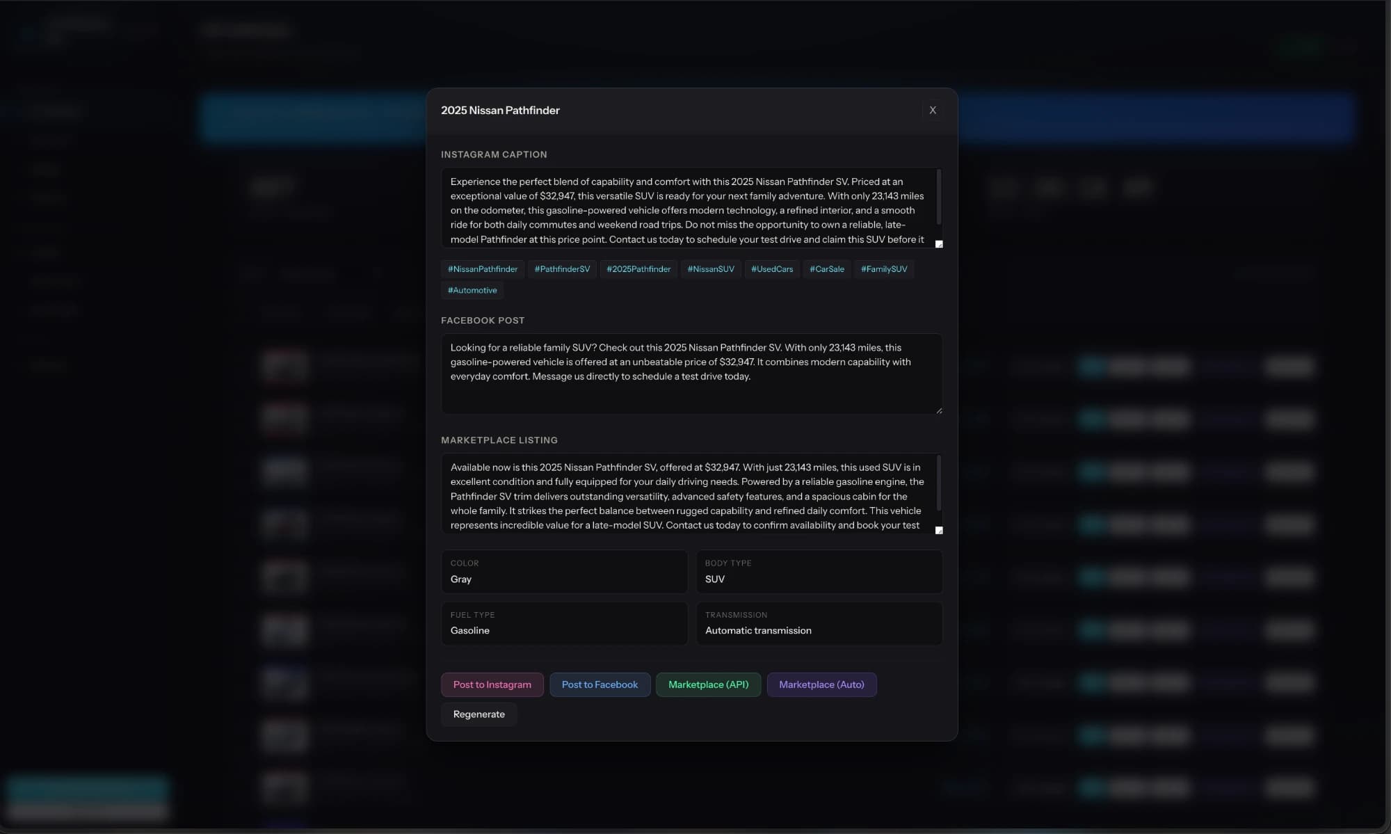 AutoPosting Pro AI content modal with a generated Instagram caption, Facebook post and Facebook Marketplace listing for a 2025 Nissan Pathfinder