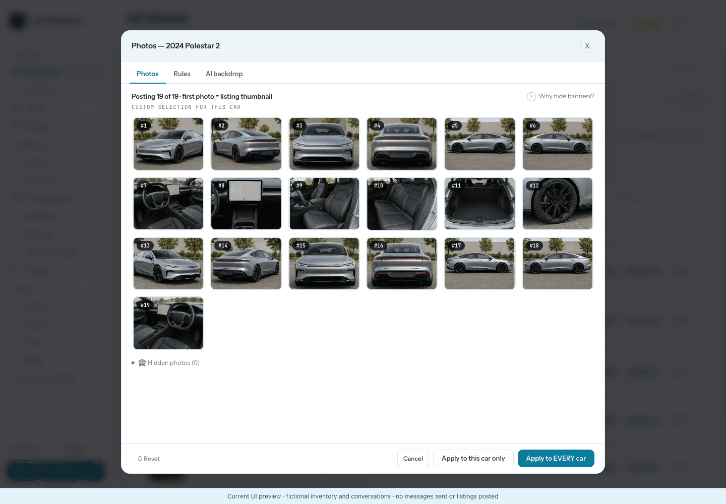 Saved AutoPosting Pro extension screenshot showing a vehicle’s source-photo gallery with review, reorder and skip controls in demonstration mode