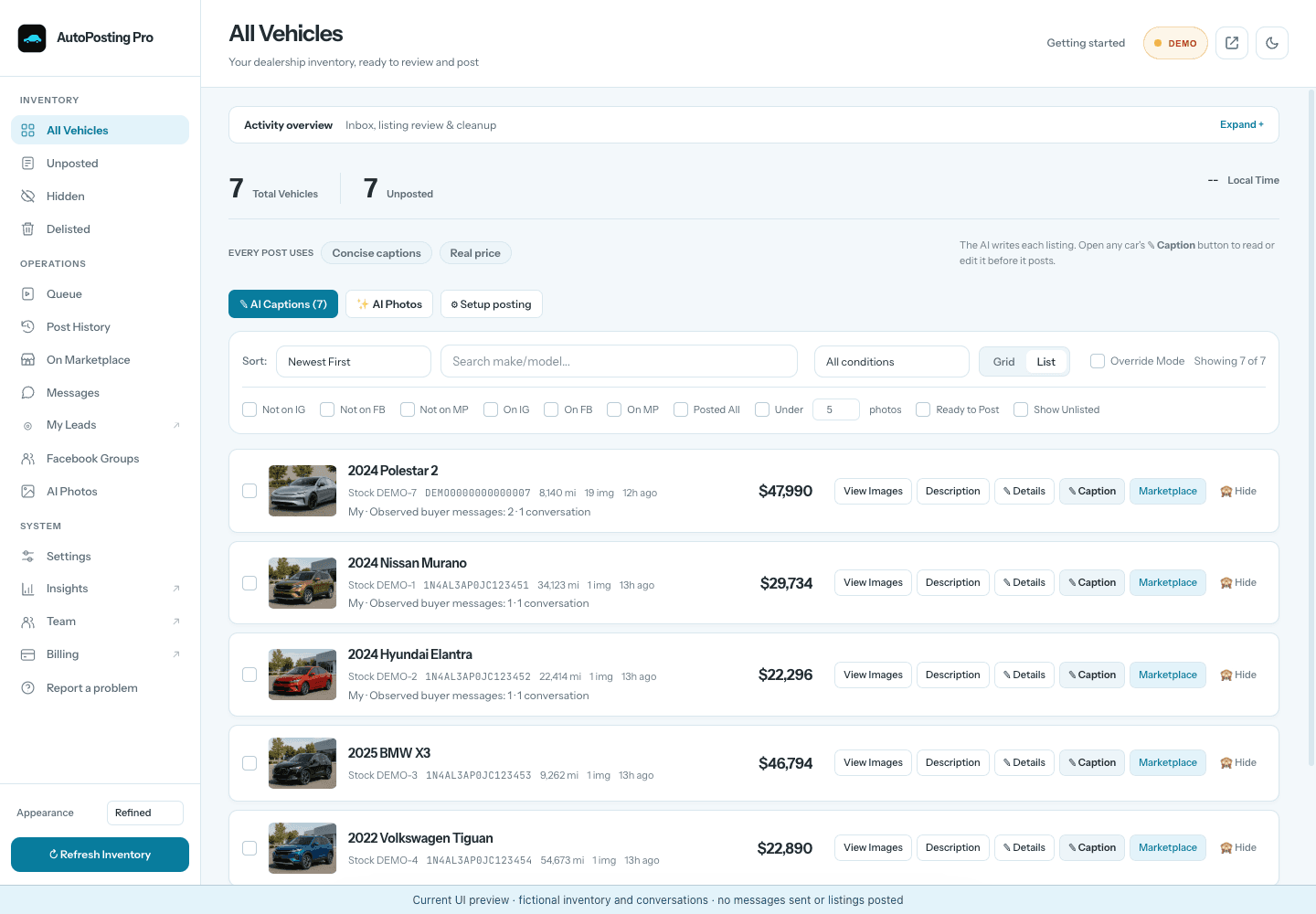 Current light-blue AutoPosting Pro inventory interface with fictional vehicles and observed buyer-message counts