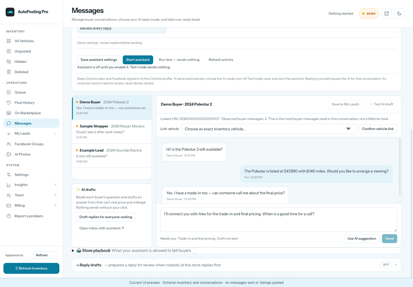 Current light-blue Messages interface showing a fictional buyer conversation, a linked vehicle, an unsent reply draft and a salesperson handoff