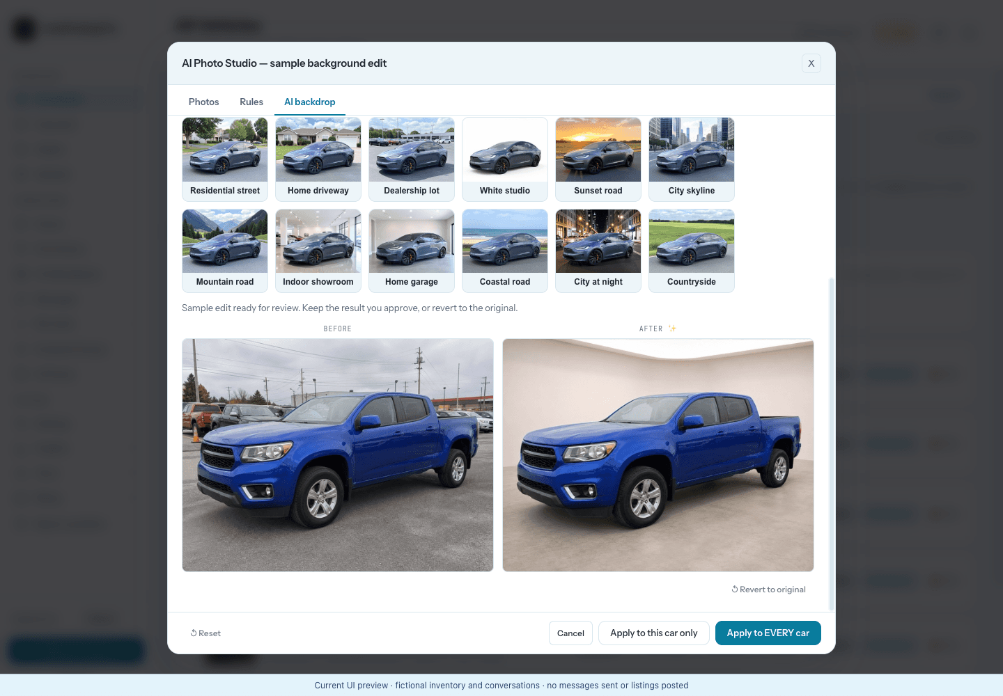 Seeded demo of the real AutoPosting Pro AI-assisted photo review showing the original vehicle photo beside a generated background and a Revert to original control