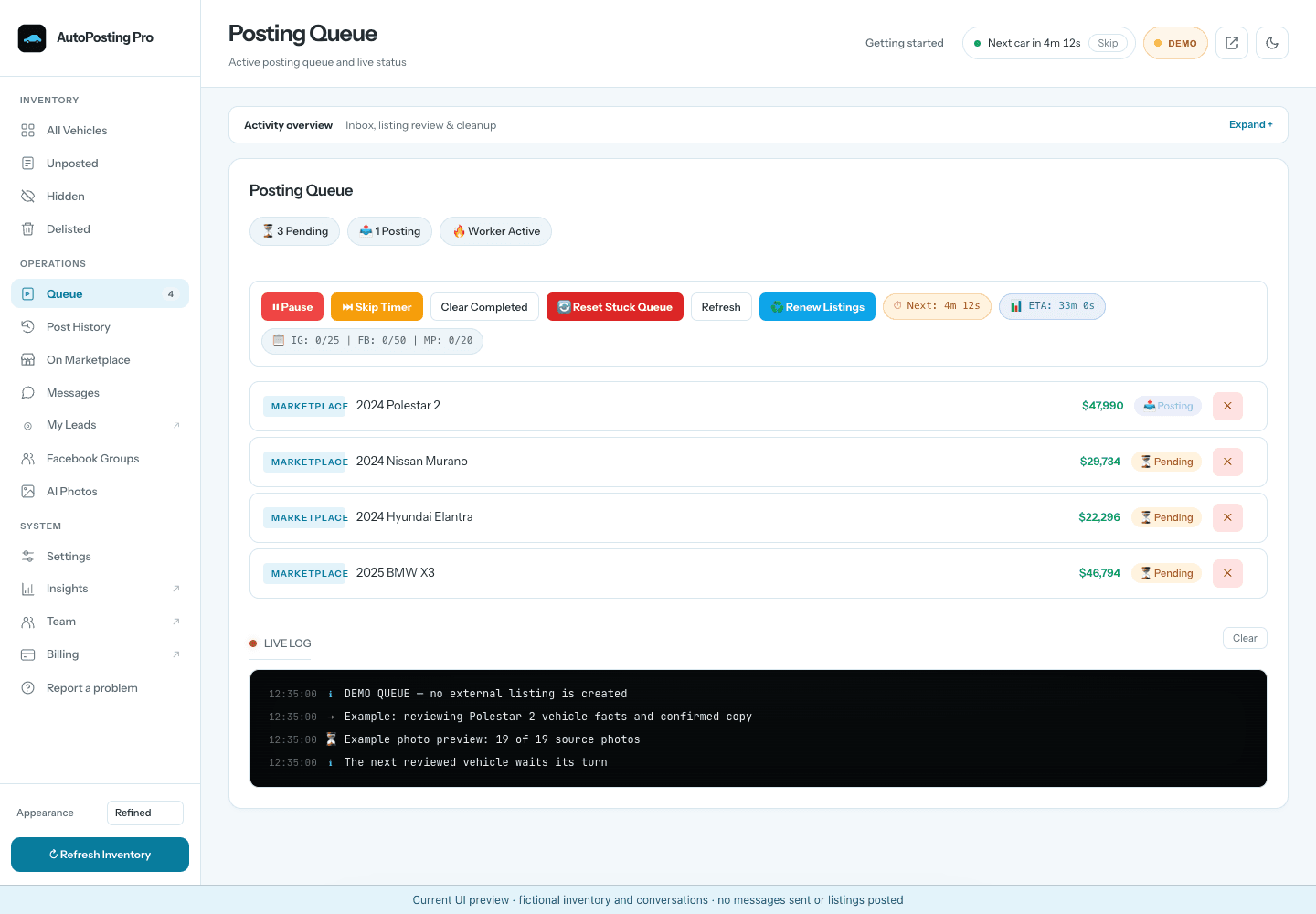 Seeded demo of the real AutoPosting Pro Marketplace queue with four example vehicles, photo progress, human pacing and a log stating that no external listing was created