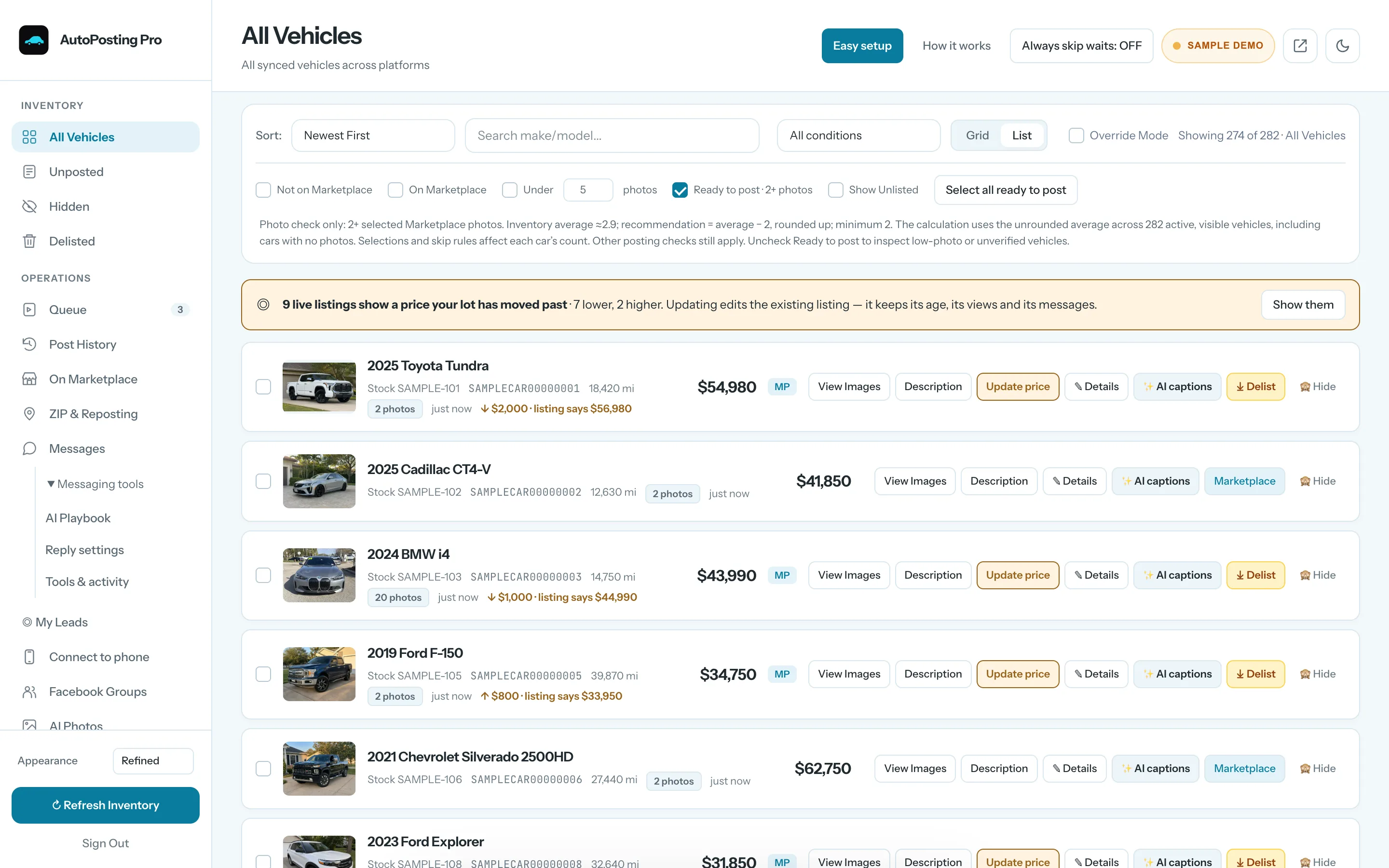 The AutoPosting Pro salesperson app listing a lot of sample vehicles, each with its photo, price, mileage and posting status