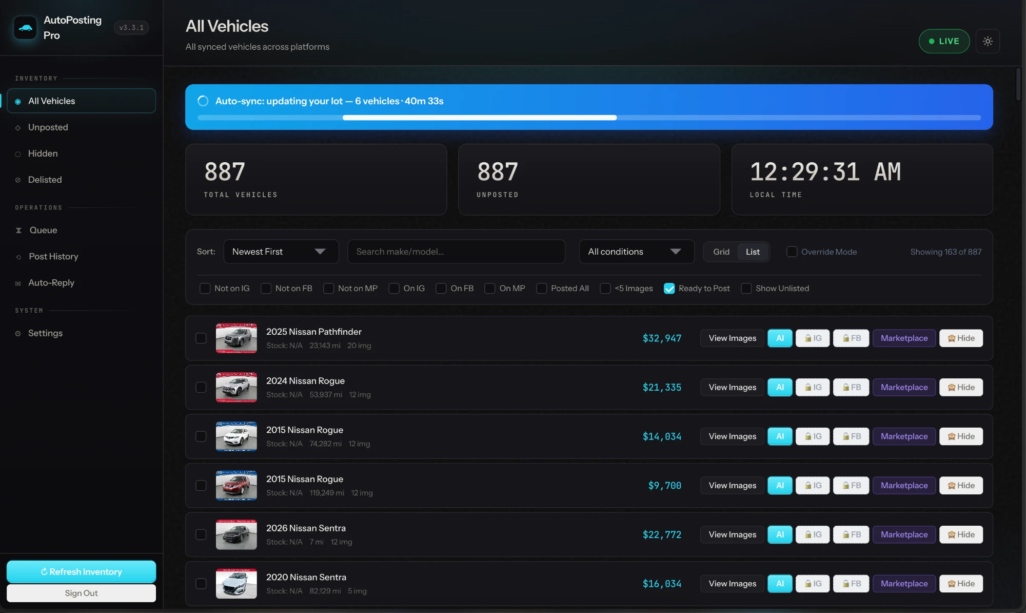 AutoPosting Pro inventory manager with 887 synced vehicles, auto-sync progress and per-vehicle Marketplace, Instagram and Facebook posting actions