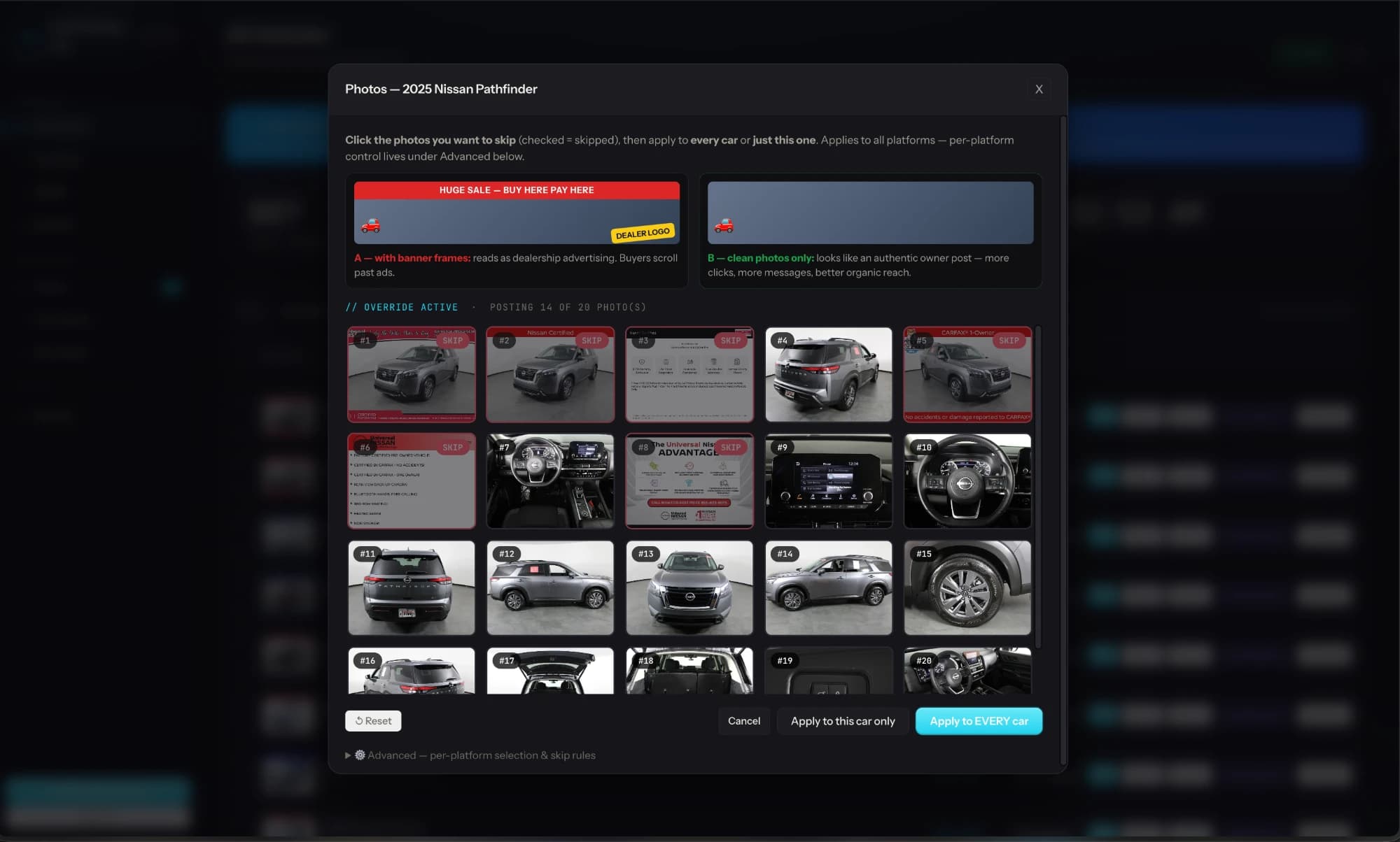 AutoPosting Pro photo selection modal marking dealer banner frames to skip and posting 14 of 20 photos for an authentic-looking Marketplace listing