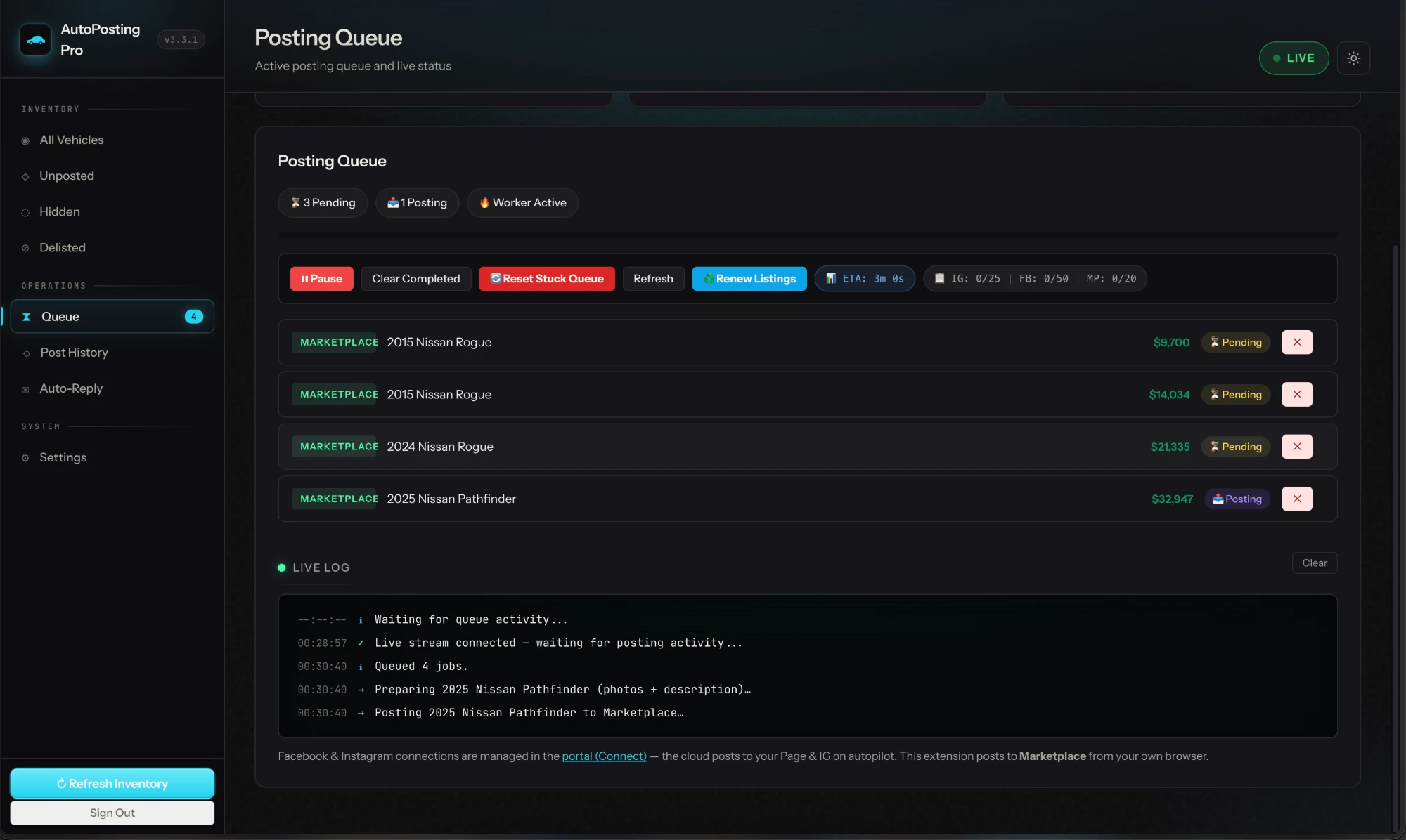 AutoPosting Pro posting queue with pending and in-progress jobs, a live activity log, ETA and daily posting limits for Instagram, Facebook and Marketplace