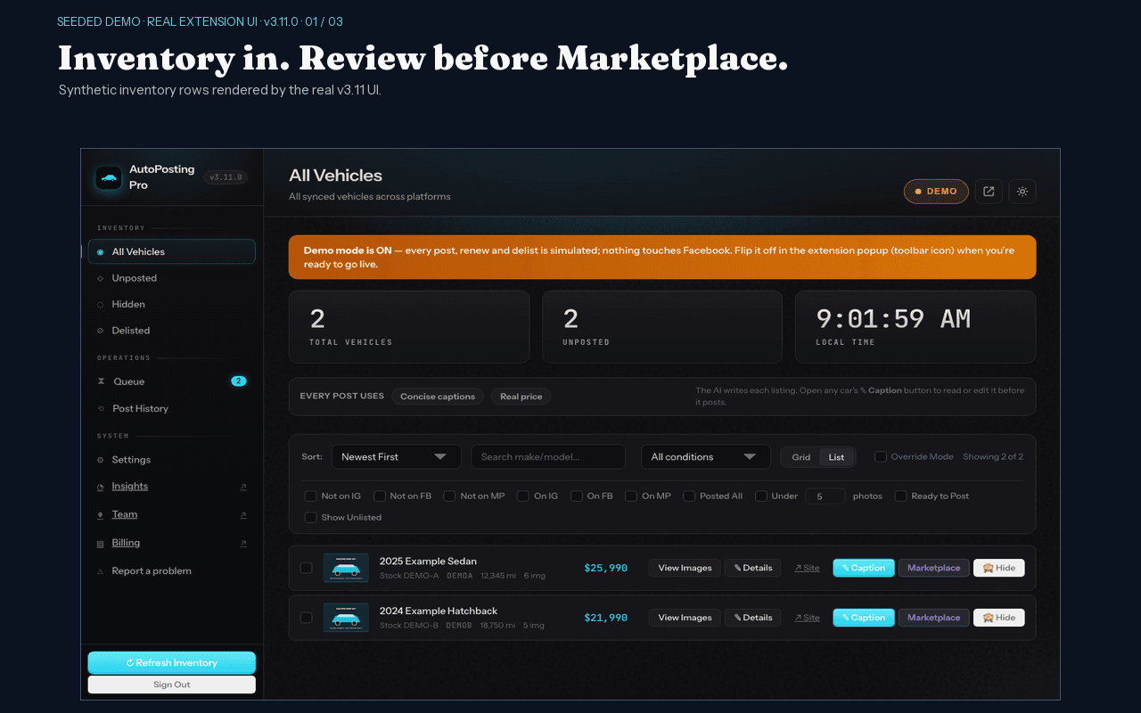 The real AutoPosting Pro v3.11.0 inventory interface in visible Demo mode, populated only with fictional example vehicles