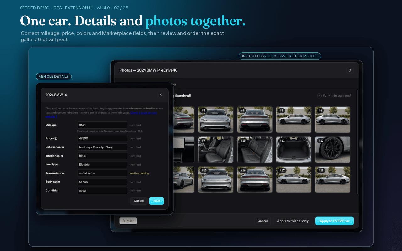 Seeded demo of the AutoPosting Pro 3.14.0 release-candidate extension showing one vehicle's reviewed details and 19-photo gallery