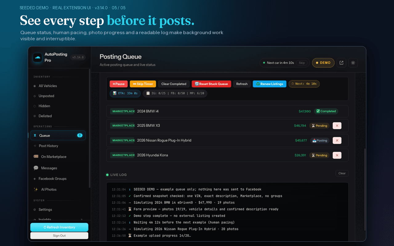 Seeded demo of the real AutoPosting Pro Marketplace queue with four example vehicles, photo progress, human pacing and a log stating that no external listing was created