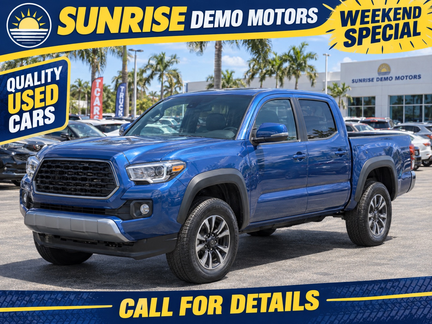Fictional blue pickup with a dealership logo, large banners and promotional text