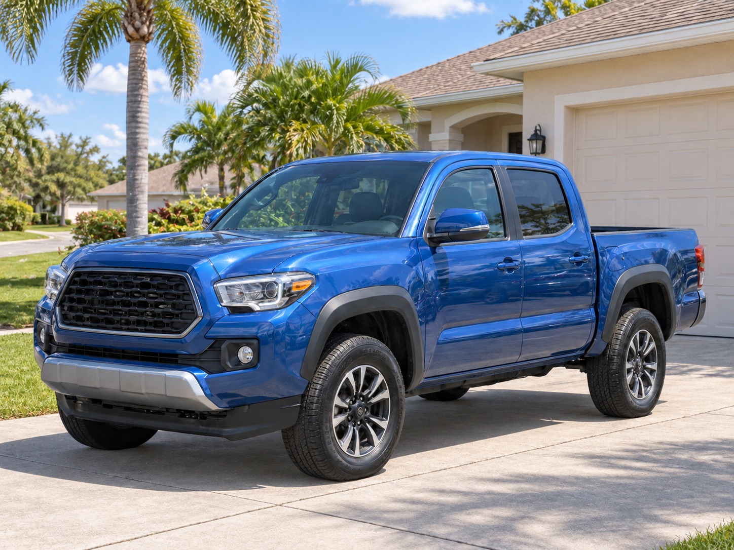 Matching blue pickup without advertising graphics, shown on a residential home driveway