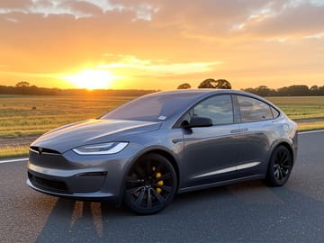 The same vehicle rendered against the sunset road backdrop
